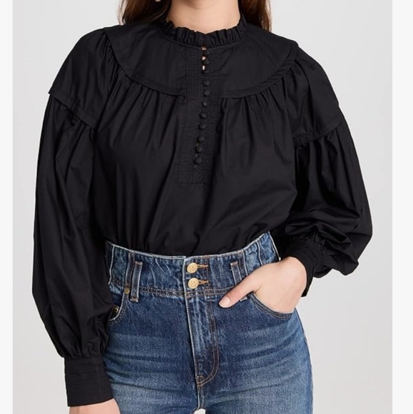 Ulla Johnson Black Marika Poplin Balloon Long Sleeve Blouse Women's Size 8 - Picture 4 of 14